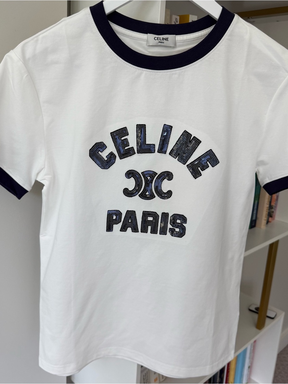 Celine White Tee with Black Trim and Embellished Logo